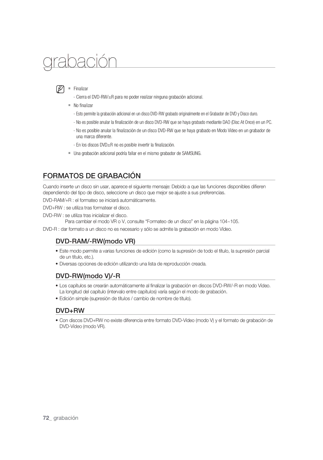 Samsung DVD-SH873/XEF, DVD-SH875/XEC, DVD-SH873/XEC manual Formatos DE Grabación, DVD-RAM/-RWmodo VR, DVD-RWmodo V/-R 