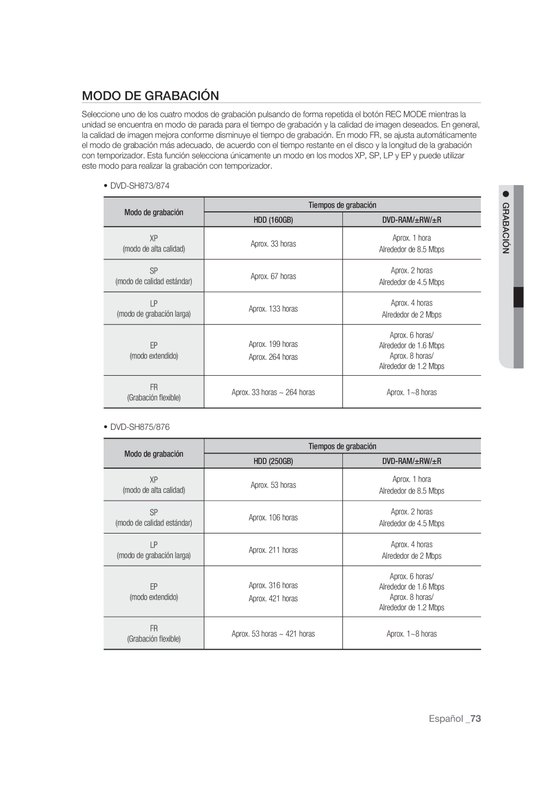 Samsung DVD-SH875/XEC, DVD-SH873/XEF, DVD-SH873/XEC manual Modo DE Grabación, DVD-SH873/874 Modo de grabación 