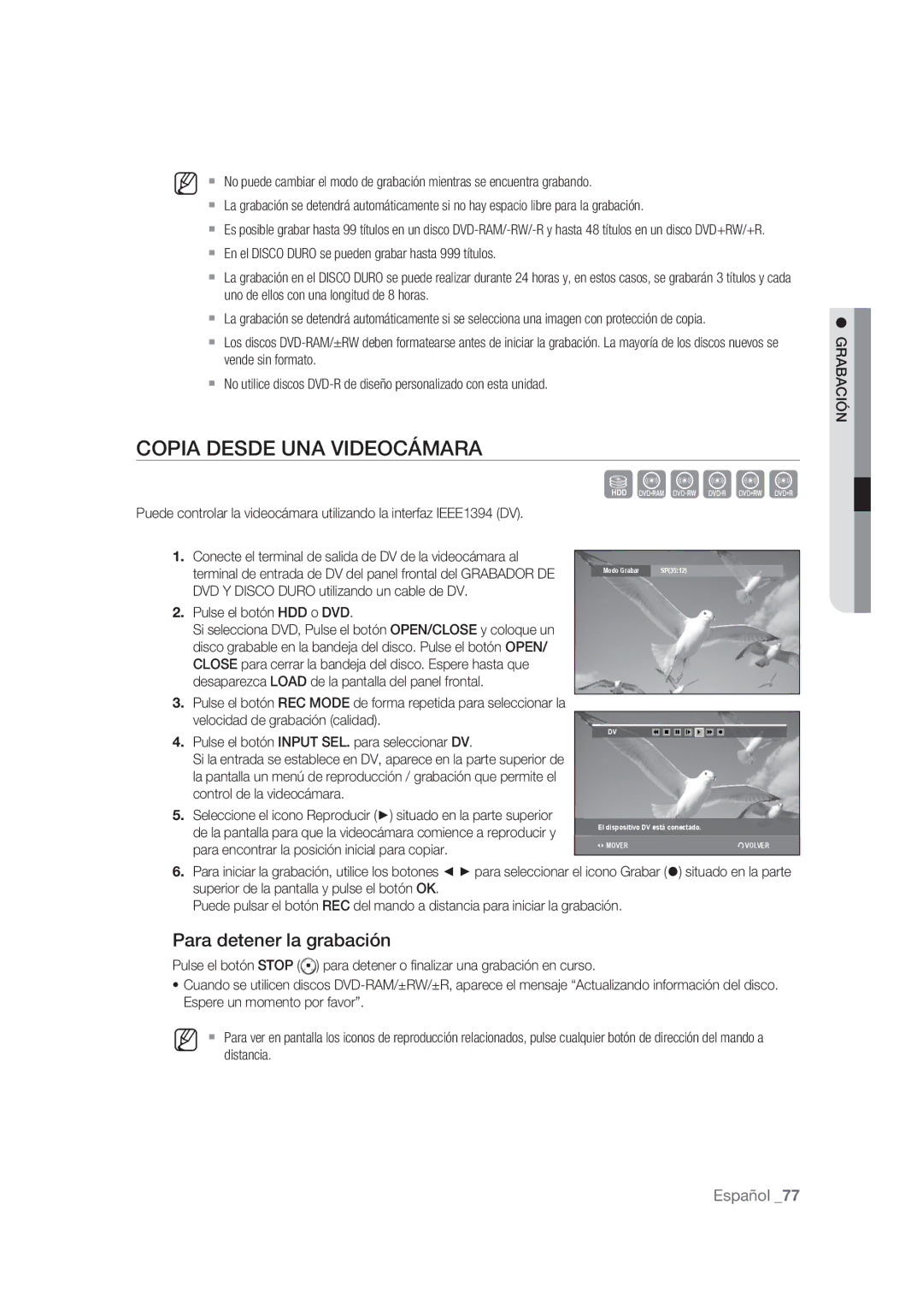 Samsung DVD-SH873/XEC, DVD-SH873/XEF manual Copia Desde UNA Videocámara, Para encontrar la posición inicial para copiar 