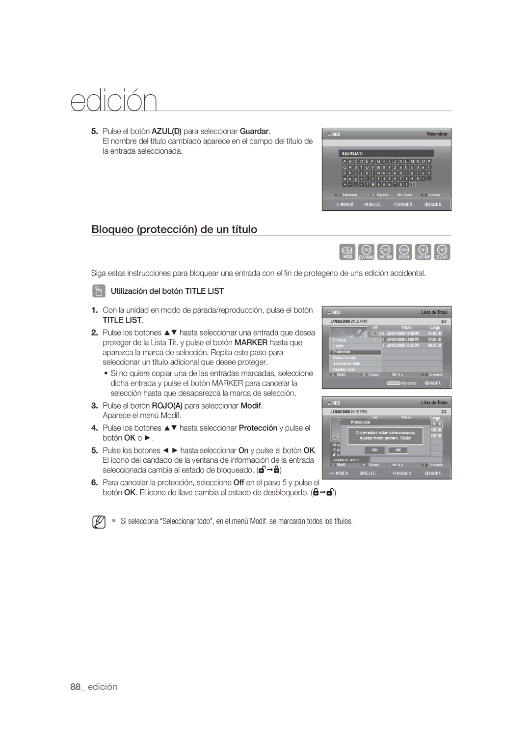 Samsung DVD-SH875/XEC, DVD-SH873/XEF, DVD-SH873/XEC manual Bloqueo protección de un título 