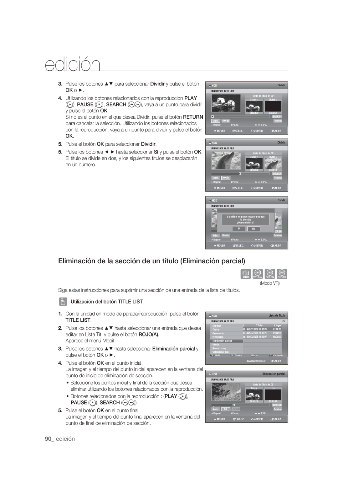 Samsung DVD-SH873/XEF, DVD-SH875/XEC, DVD-SH873/XEC manual Sxck, Eliminación de la sección de un título Eliminación parcial 