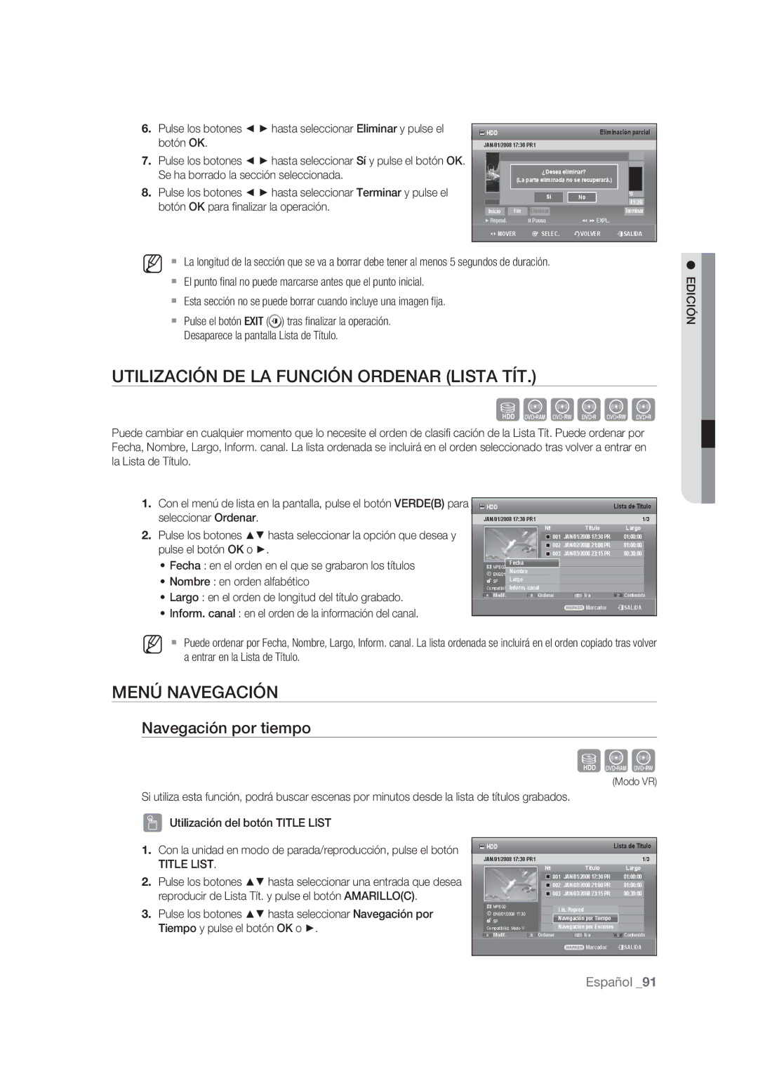 Samsung DVD-SH875/XEC, DVD-SH873/XEF Utilización DE LA Función Ordenar Lista TÍT, Menú Navegación, Navegación por tiempo 