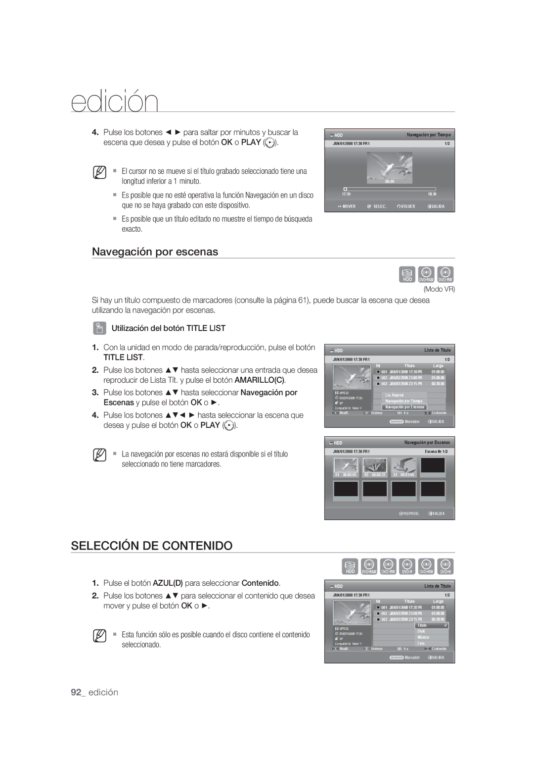 Samsung DVD-SH873/XEC, DVD-SH873/XEF, DVD-SH875/XEC manual Selección DE Contenido, Navegación por escenas 