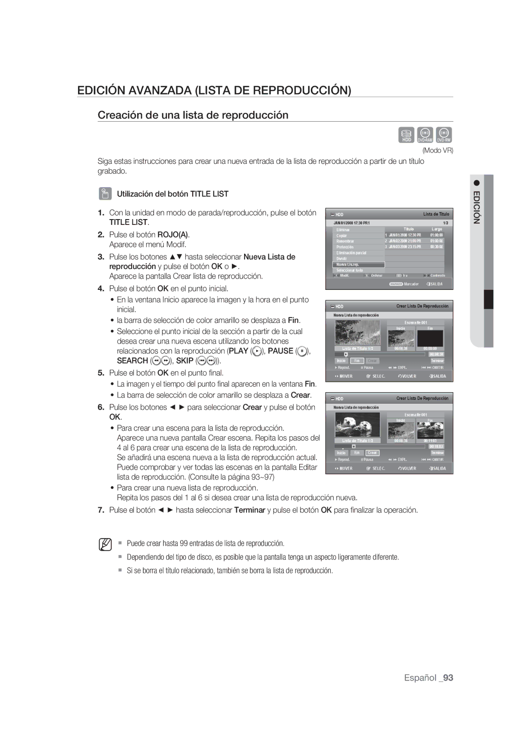 Samsung DVD-SH873/XEF, DVD-SH875/XEC manual Edición Avanzada Lista DE Reproducción, Creación de una lista de reproducción 