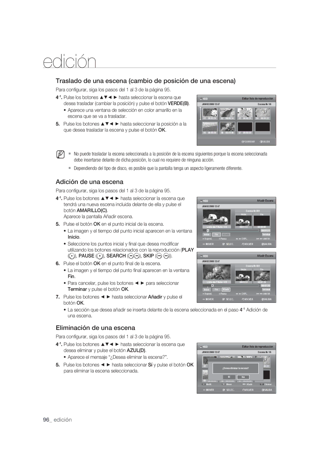 Samsung DVD-SH873/XEF, DVD-SH875/XEC manual Traslado de una escena cambio de posición de una escena, Adición de una escena 