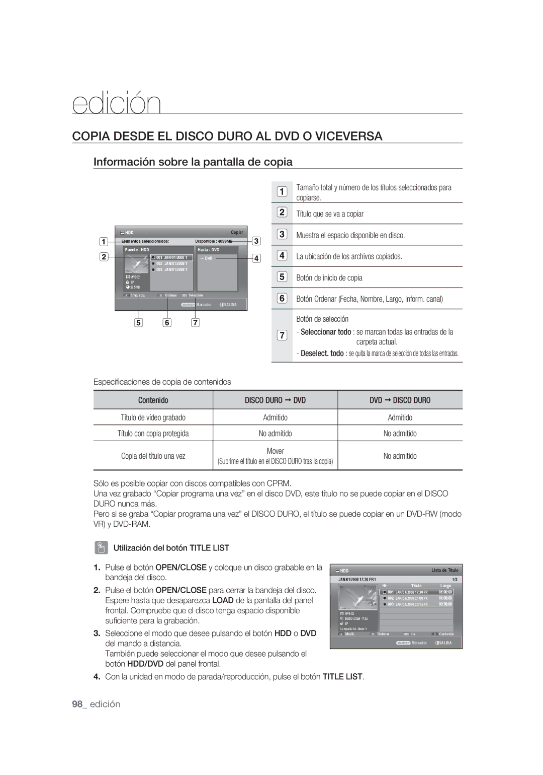 Samsung DVD-SH873/XEC, DVD-SH873/XEF Copia Desde EL Disco Duro AL DVD O Viceversa, Información sobre la pantalla de copia 