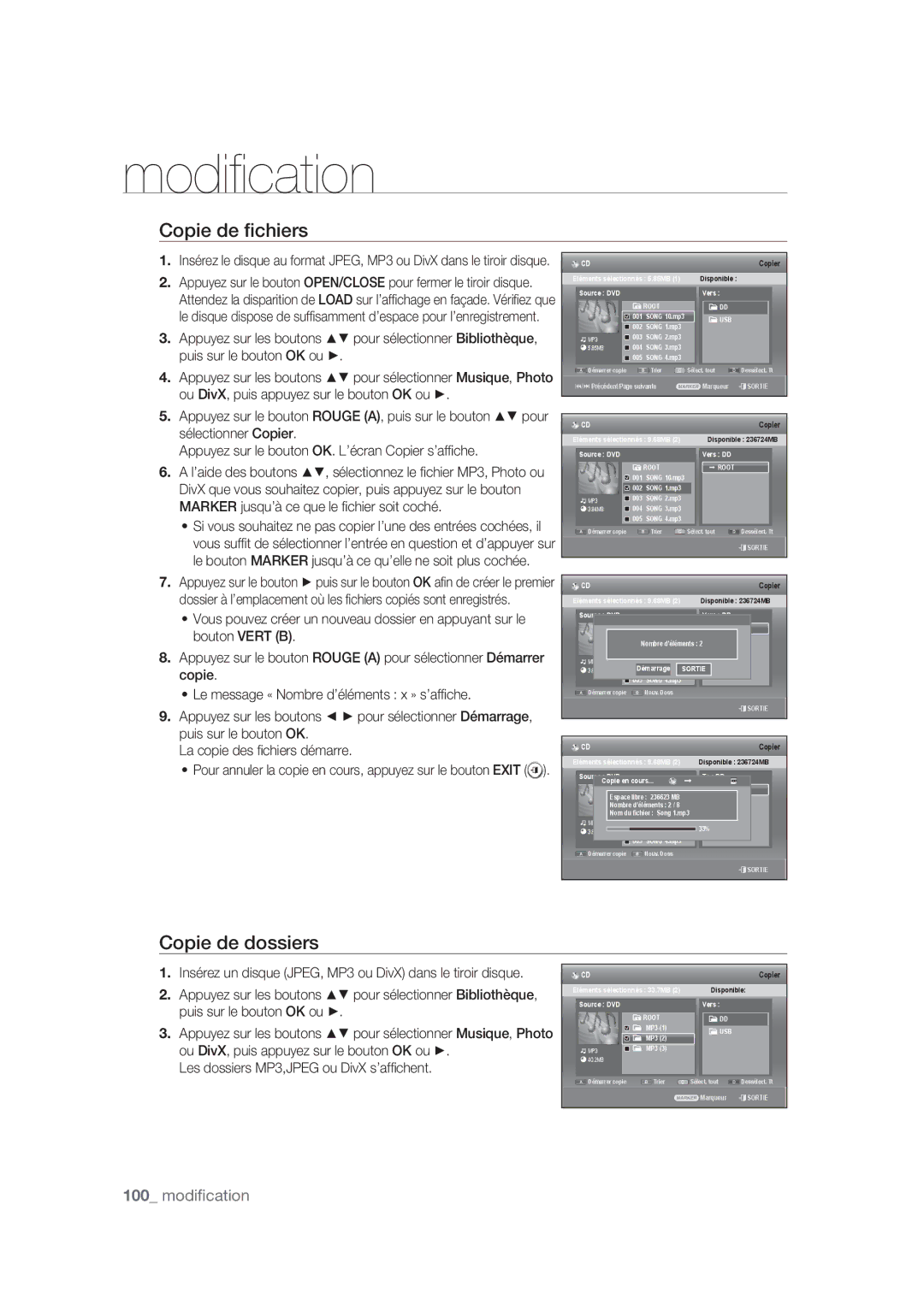 Samsung DVD-SH875/XEF, DVD-SH873/XEF manual Copie de ﬁchiers, Copie de dossiers, Les dossiers MP3,JPEG ou DivX s’afﬁ chent 