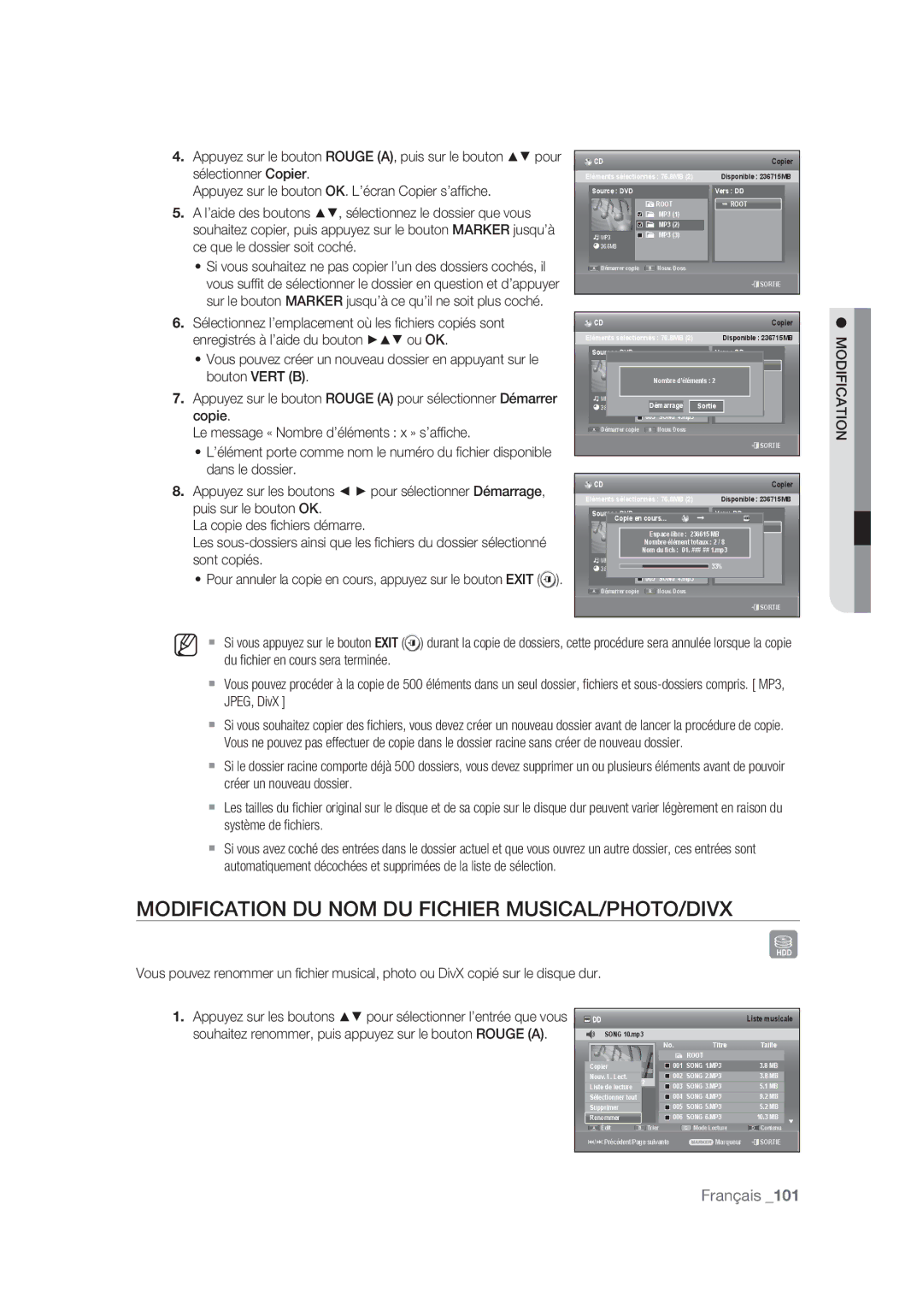 Samsung DVD-SH877/XEF, DVD-SH873/XEF, DVD-SH875/XEF manual Modification DU NOM DU Fichier MUSICAL/PHOTO/DIVX 