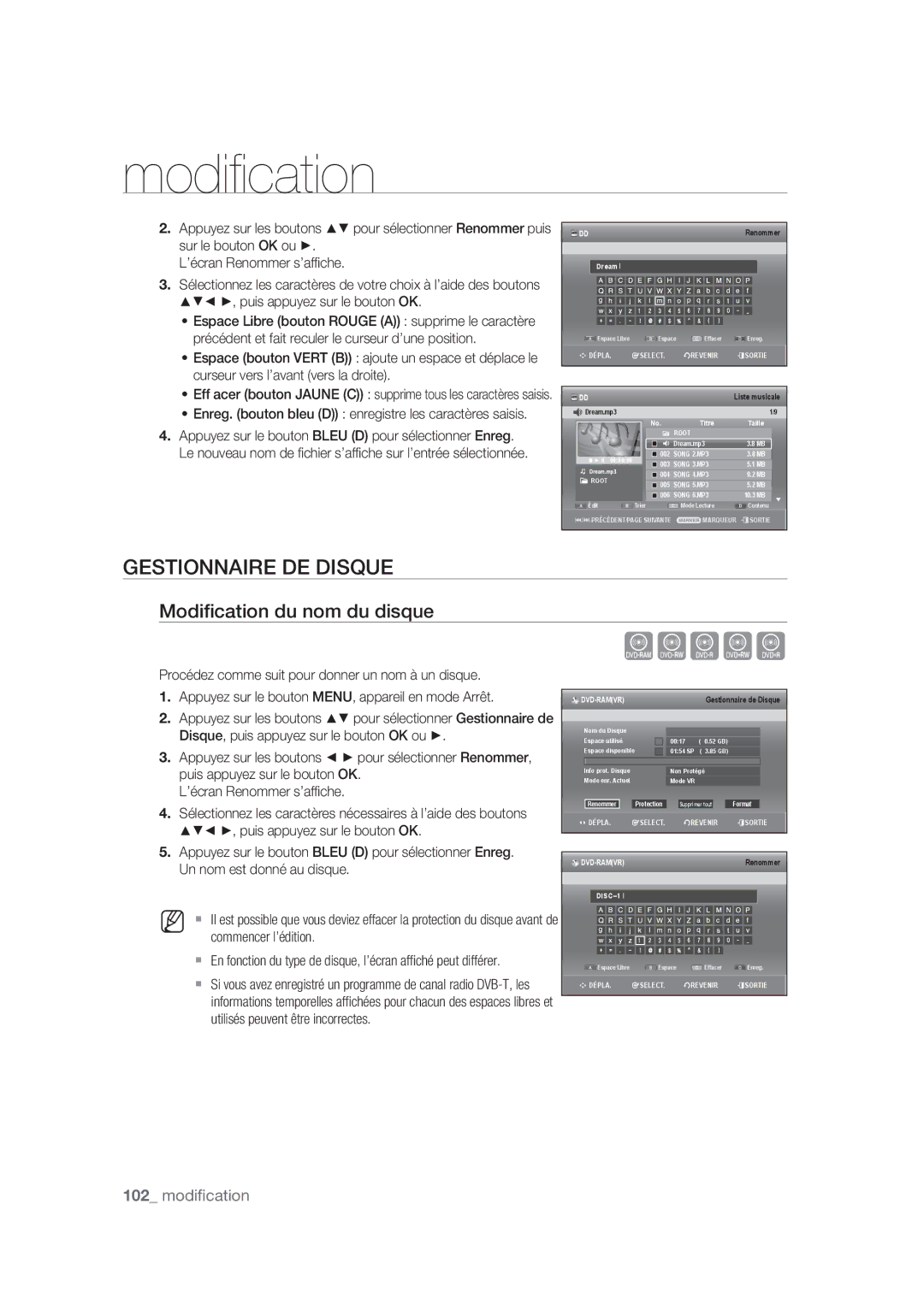 Samsung DVD-SH873/XEF, DVD-SH875/XEF, DVD-SH877/XEF manual Gestionnaire DE Disque, Modiﬁcation du nom du disque 