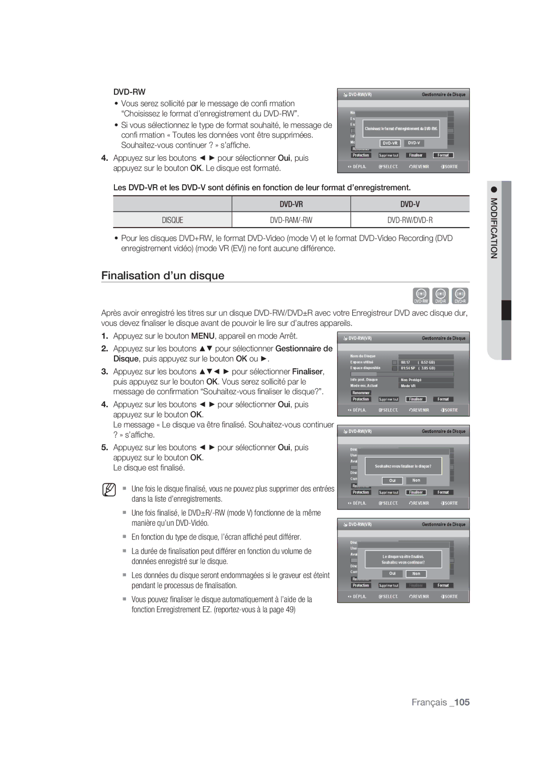 Samsung DVD-SH873/XEF, DVD-SH875/XEF, DVD-SH877/XEF manual Dvd-Rw, DVD-VR Disque 