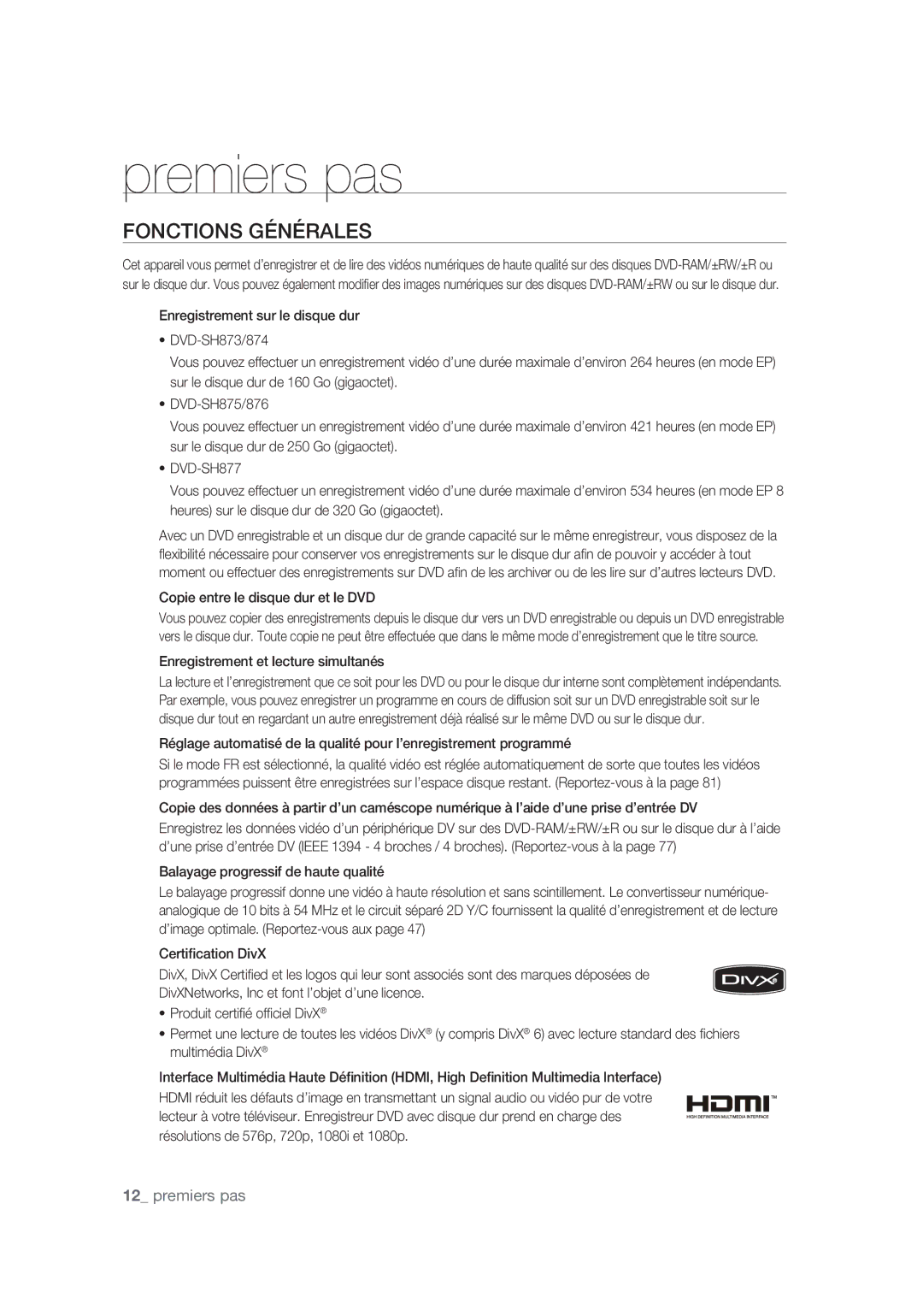 Samsung DVD-SH873/XEF manual Fonctions Générales, Copie entre le disque dur et le DVD, Balayage progressif de haute qualité 