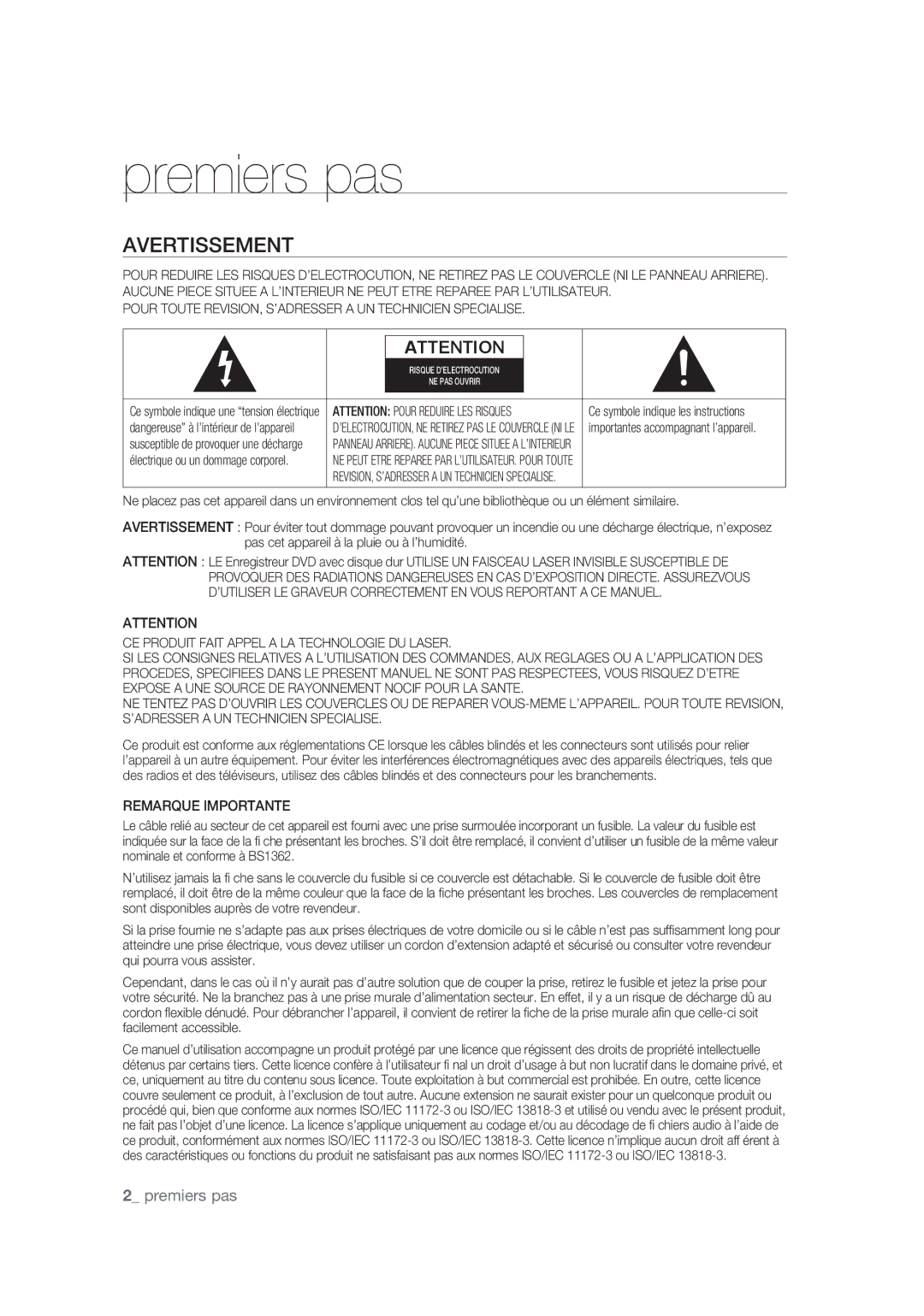 Samsung DVD-SH877/XEF, DVD-SH873/XEF, DVD-SH875/XEF manual Avertissement, Remarque Importante 