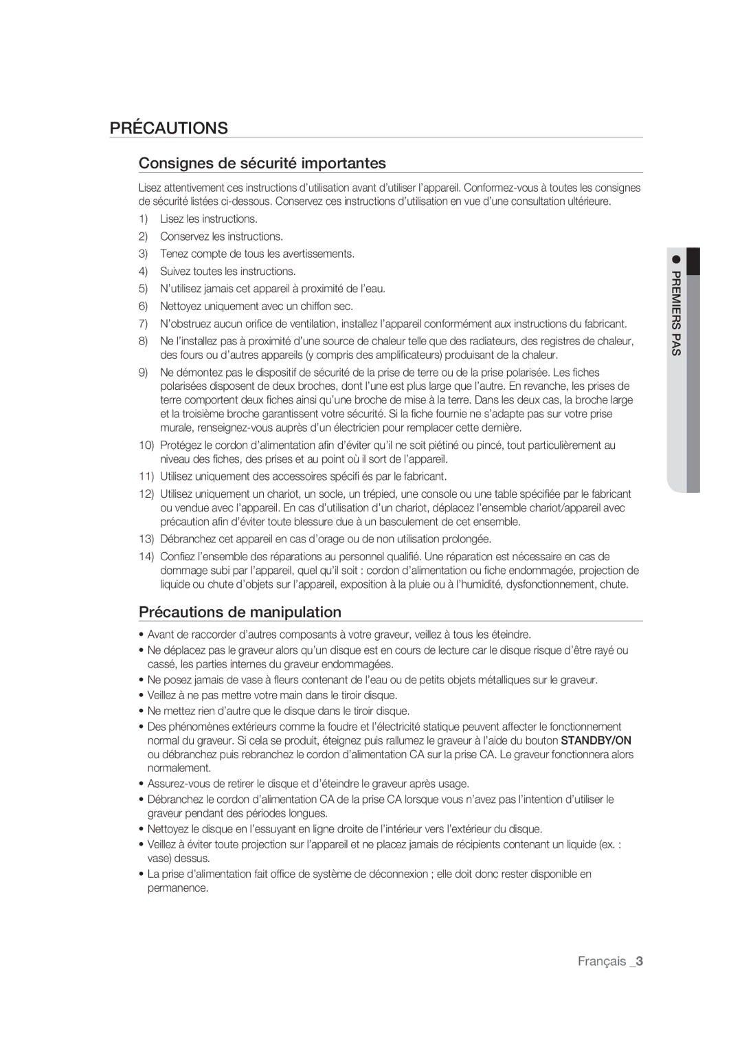 Samsung DVD-SH873/XEF, DVD-SH875/XEF manual Consignes de sécurité importantes, Précautions de manipulation, Premiers PAS 