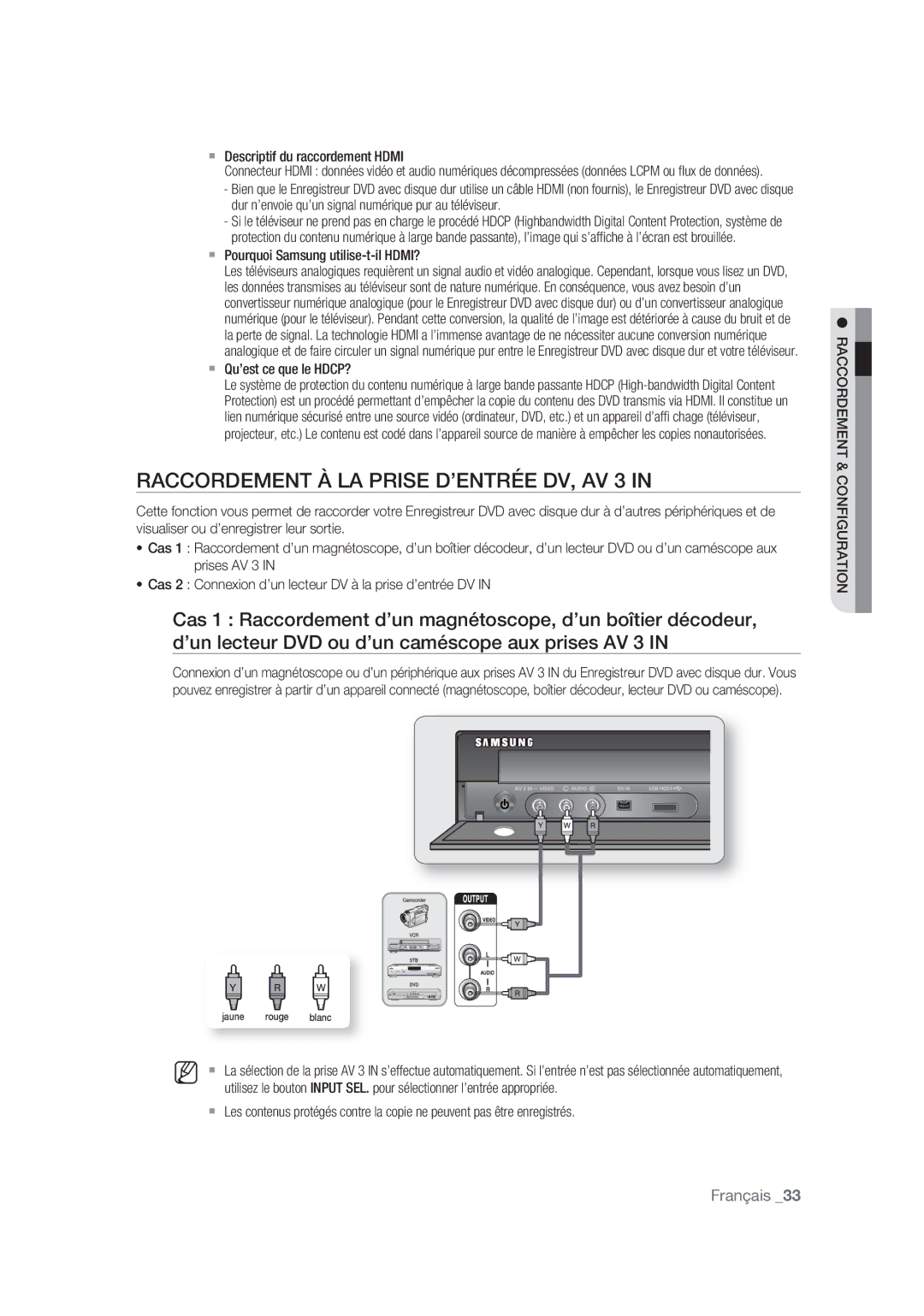 Samsung DVD-SH873/XEF, DVD-SH875/XEF manual Raccordement À LA Prise D’ENTRÉE DV, AV 3,  Descriptif du raccordement Hdmi 