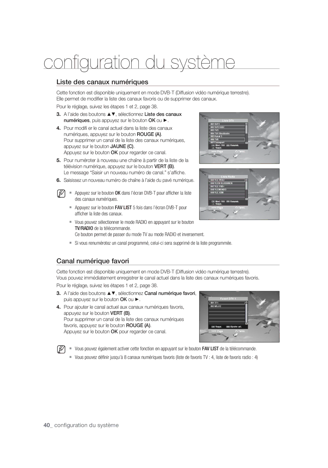 Samsung DVD-SH875/XEF, DVD-SH873/XEF, DVD-SH877/XEF manual Liste des canaux numériques, Canal numérique favori 