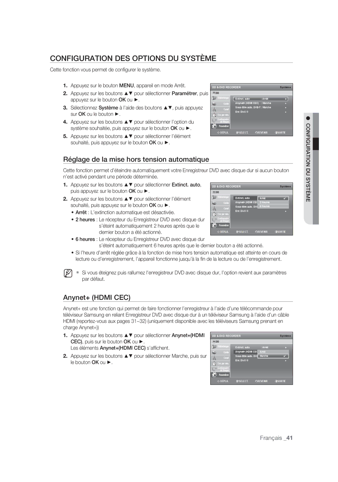 Samsung DVD-SH877/XEF, DVD-SH873/XEF, DVD-SH875/XEF manual Configuration DES Options DU Système, Anynet+ Hdmi CEC 