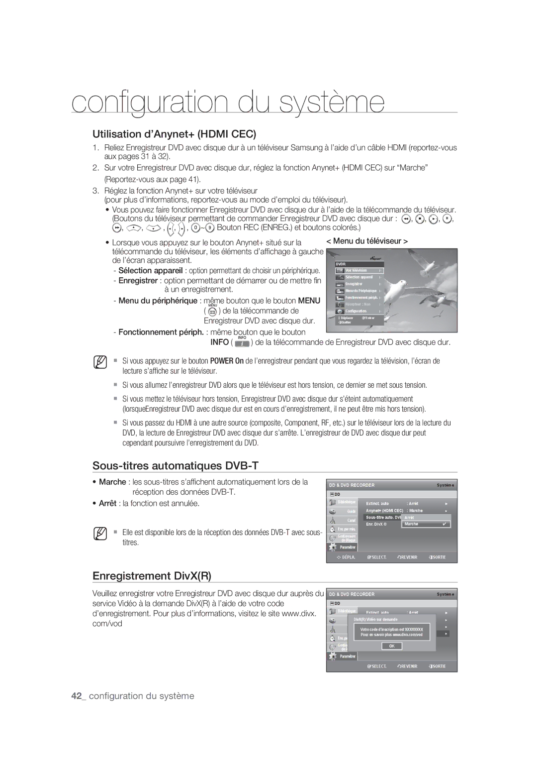 Samsung DVD-SH873/XEF, DVD-SH875/XEF Utilisation d’Anynet+ Hdmi CEC, Sous-titres automatiques DVB-T, Enregistrement DivXR 