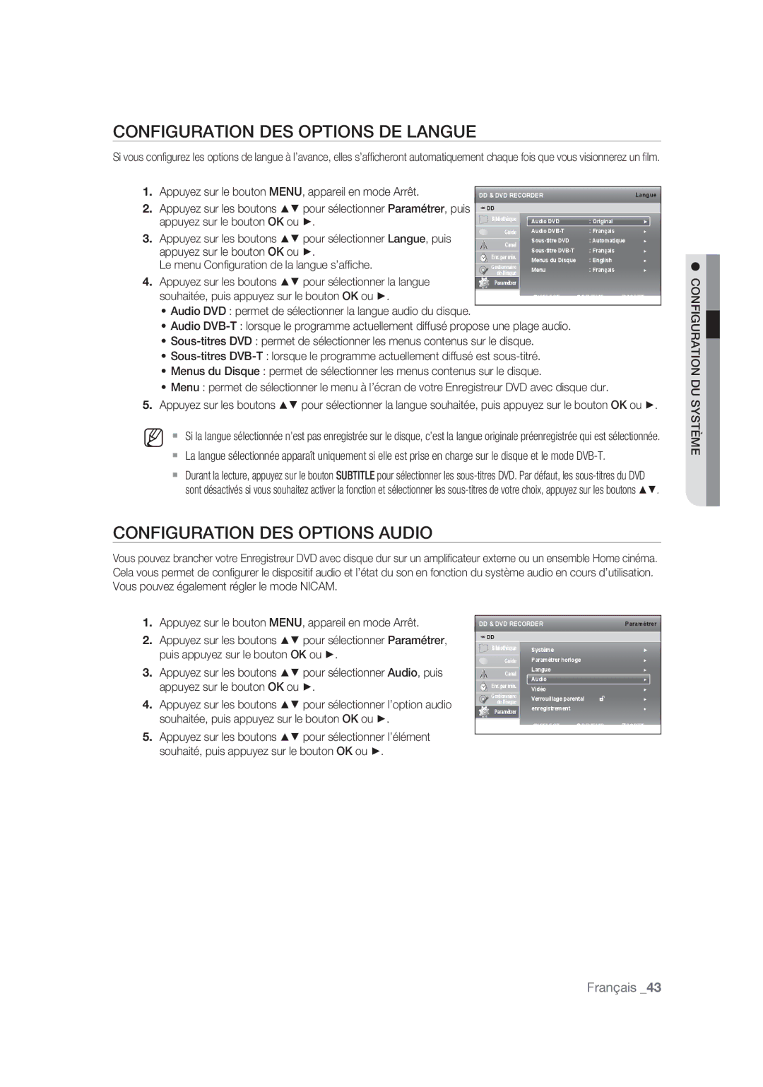 Samsung DVD-SH875/XEF, DVD-SH873/XEF, DVD-SH877/XEF Configuration DES Options DE Langue, Configuration DES Options Audio 