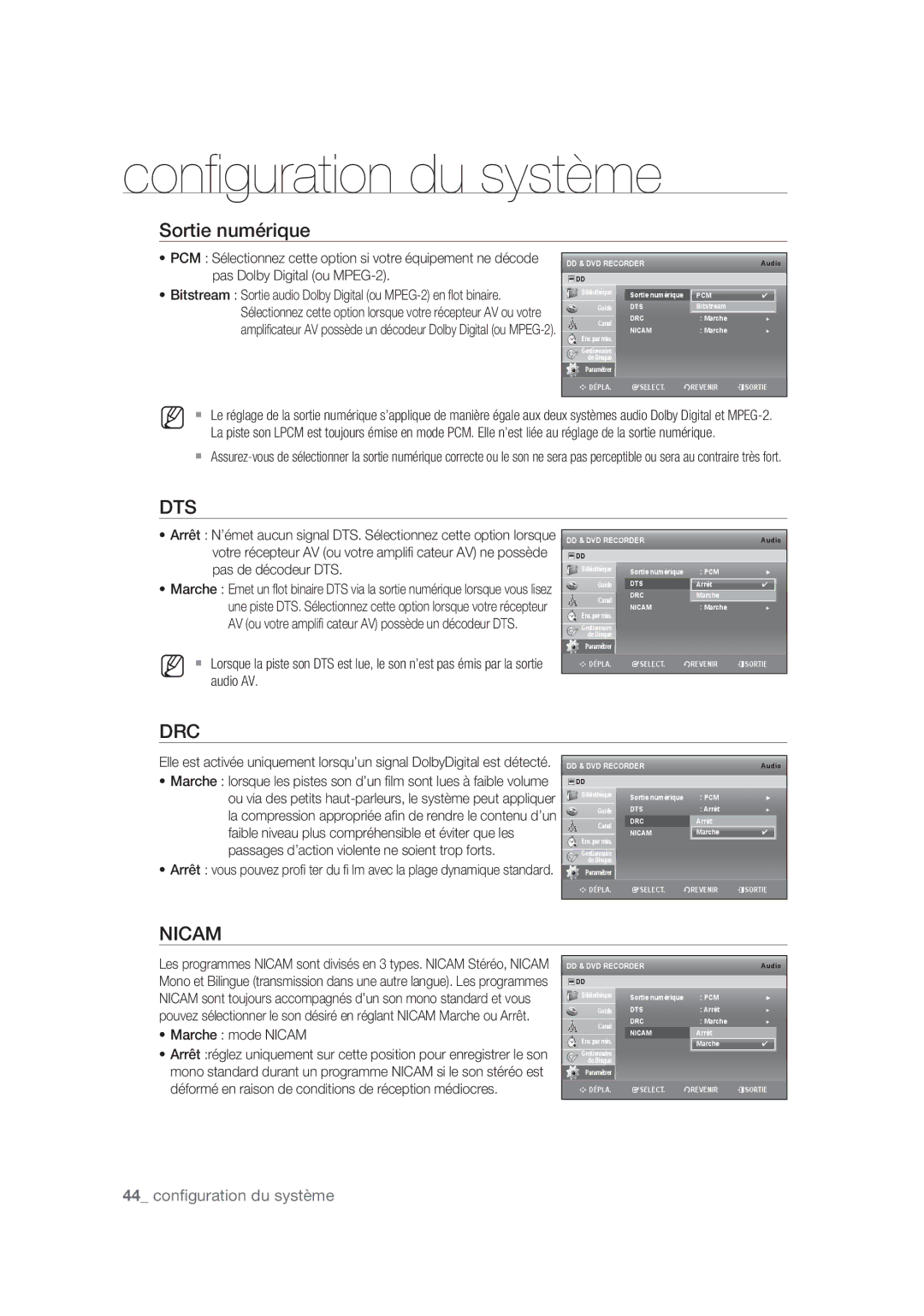 Samsung DVD-SH877/XEF, DVD-SH873/XEF, DVD-SH875/XEF manual Sortie numérique, Marche mode Nicam 