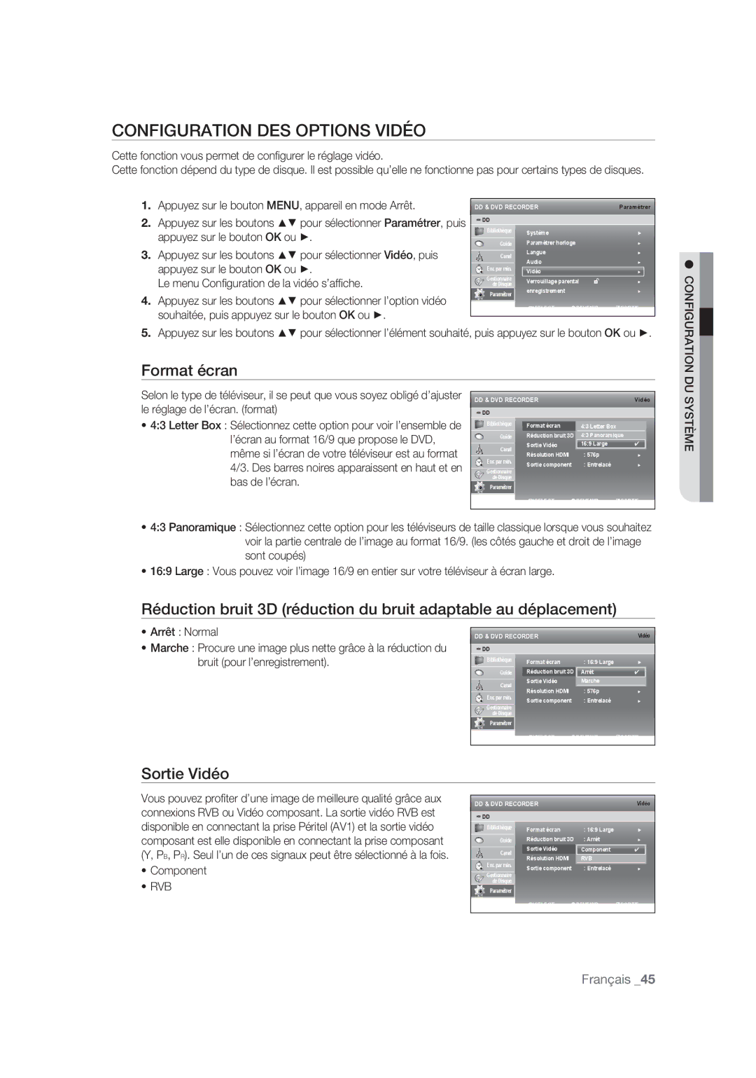 Samsung DVD-SH873/XEF, DVD-SH875/XEF, DVD-SH877/XEF manual Configuration DES Options Vidéo, Format écran, Sortie Vidéo 