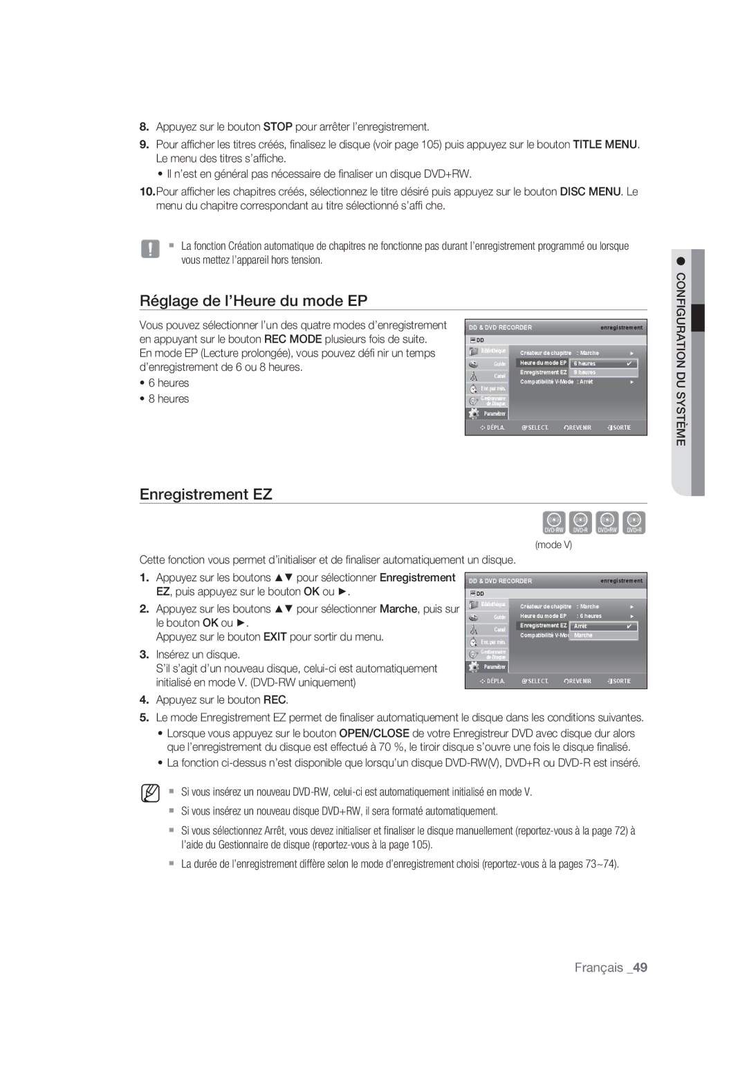 Samsung DVD-SH875/XEF, DVD-SH873/XEF, DVD-SH877/XEF manual Réglage de l’Heure du mode EP, Enregistrement EZ 