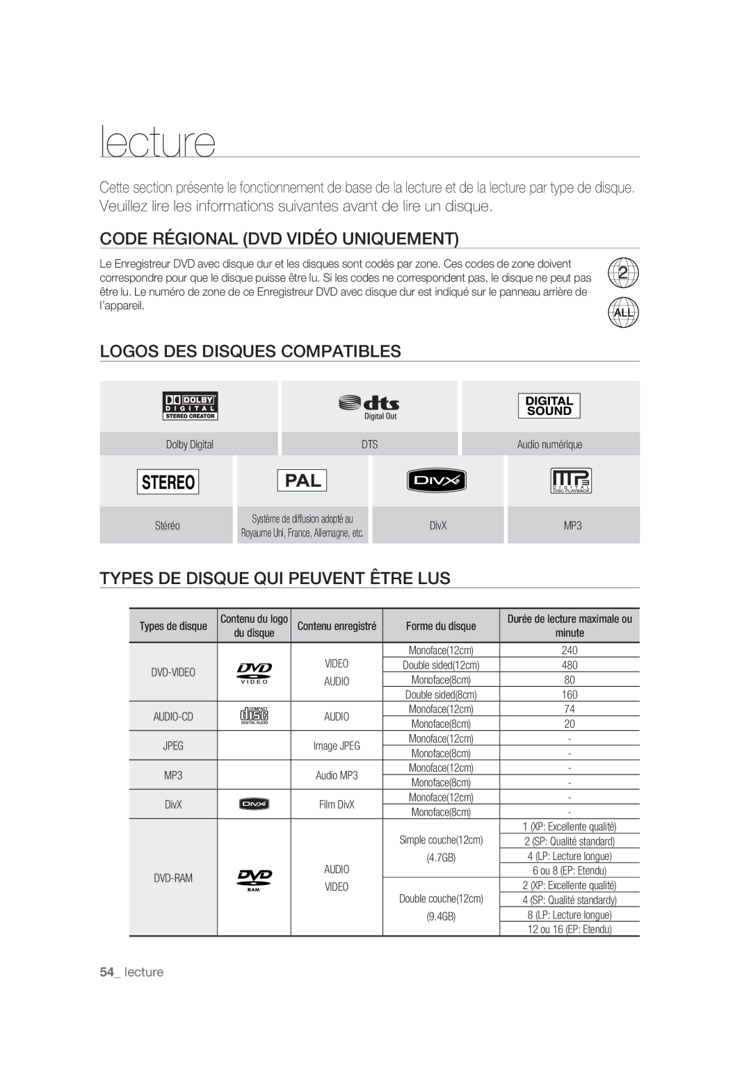 Samsung DVD-SH873/XEF, DVD-SH875/XEF manual Code Régional DVD Vidéo Uniquement, Logos DES Disques Compatibles, Dts, Video 