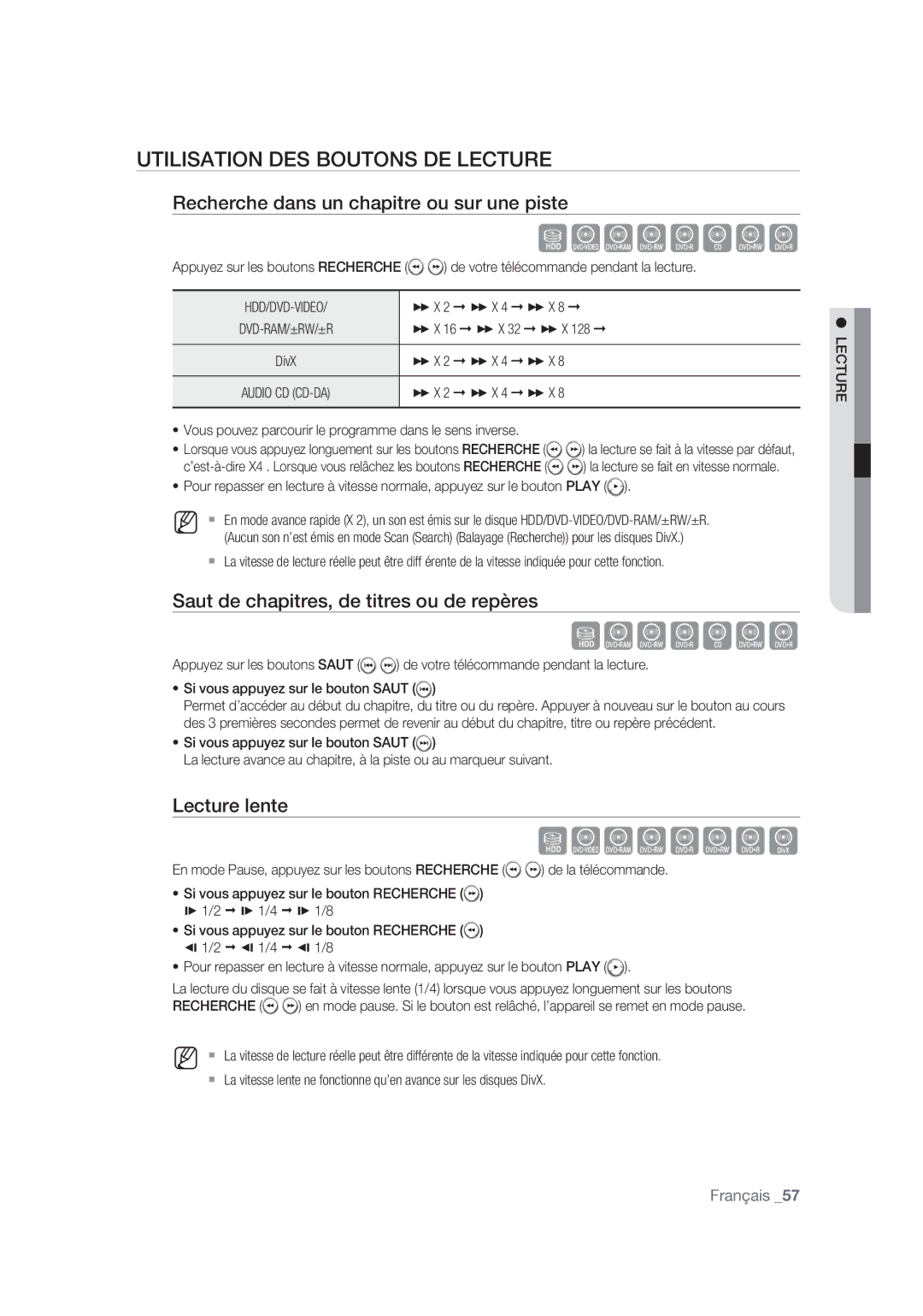 Samsung DVD-SH873/XEF manual Utilisation DES Boutons DE Lecture, Recherche dans un chapitre ou sur une piste, Lecture lente 