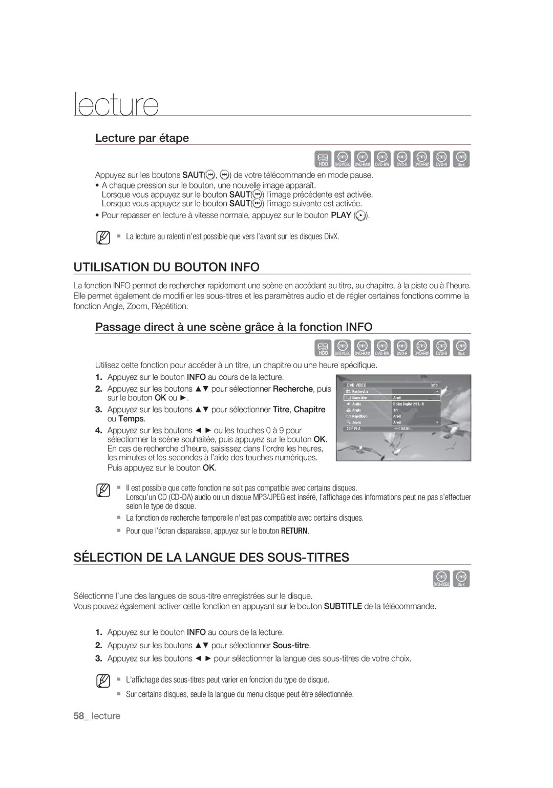 Samsung DVD-SH875/XEF, DVD-SH873/XEF Utilisation DU Bouton Info, Sélection DE LA Langue DES SOUS-TITRES, Lecture par étape 