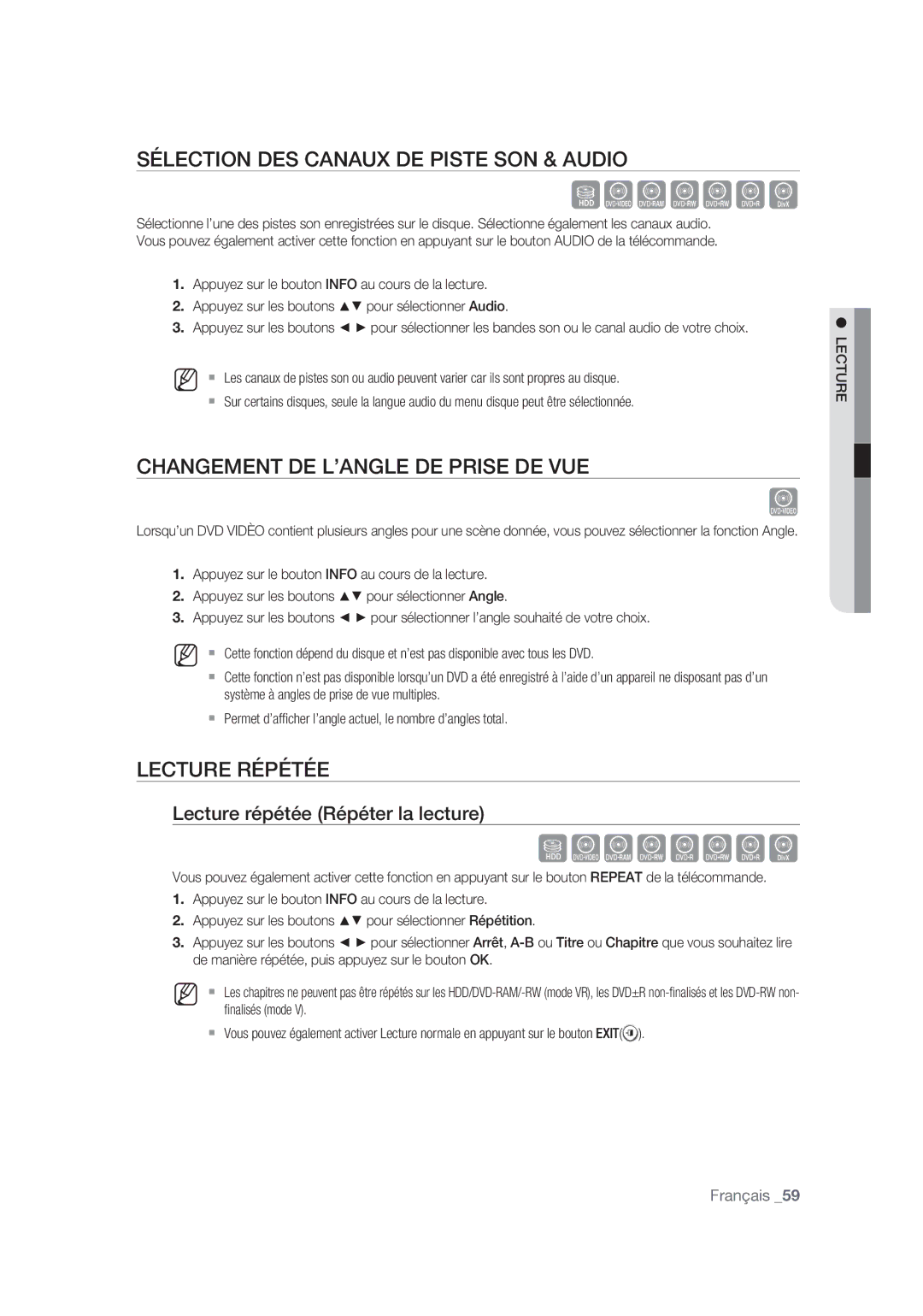 Samsung DVD-SH877/XEF Sélection DES Canaux DE Piste SON & Audio, Changement DE L’ANGLE DE Prise DE VUE, Lecture Répétée 