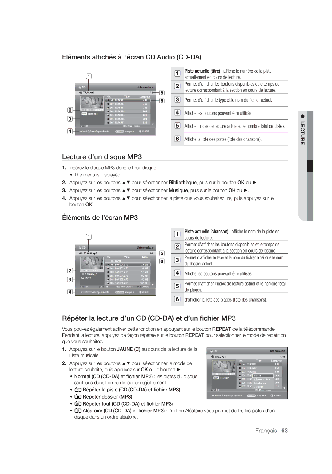 Samsung DVD-SH873/XEF manual Eléments afﬁchés à l’écran CD Audio CD-DA, Lecture d’un disque MP3, Éléments de l’écran MP3 