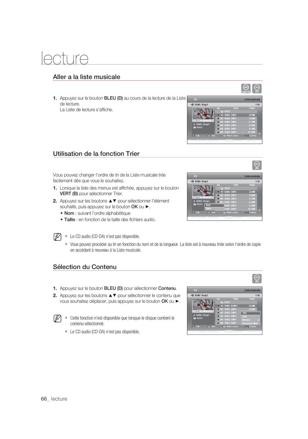 Samsung DVD-SH873/XEF, DVD-SH875/XEF Aller a la liste musicale, Utilisation de la fonction Trier, Sélection du Contenu 