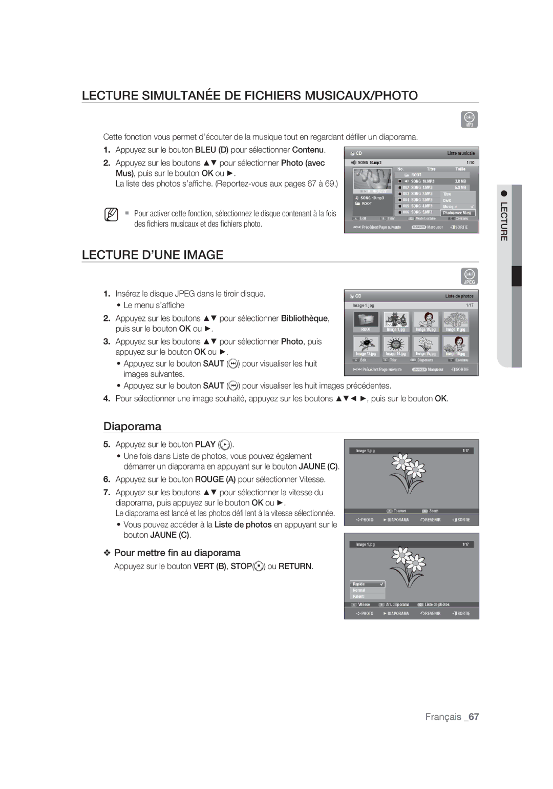 Samsung DVD-SH875/XEF, DVD-SH873/XEF manual Lecture Simultanée DE Fichiers MUSICAUX/PHOTO, Lecture D’UNE Image, Diaporama 