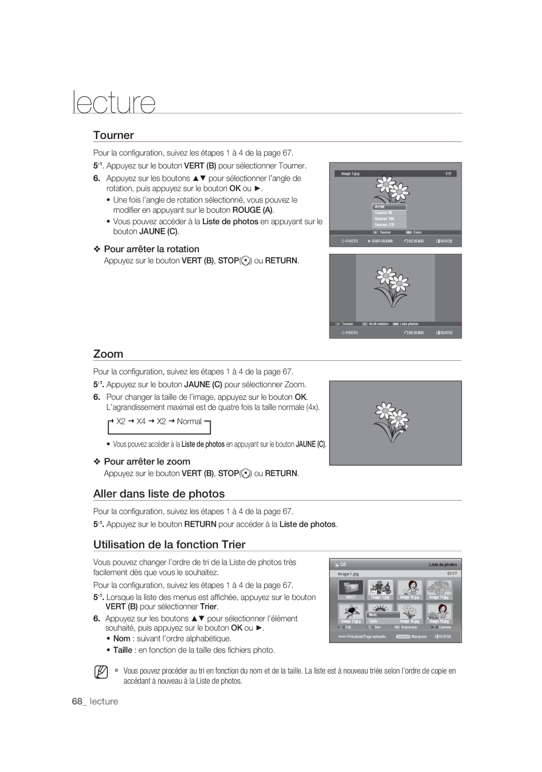 Samsung DVD-SH877/XEF, DVD-SH873/XEF, DVD-SH875/XEF manual Tourner, Zoom, Aller dans liste de photos 