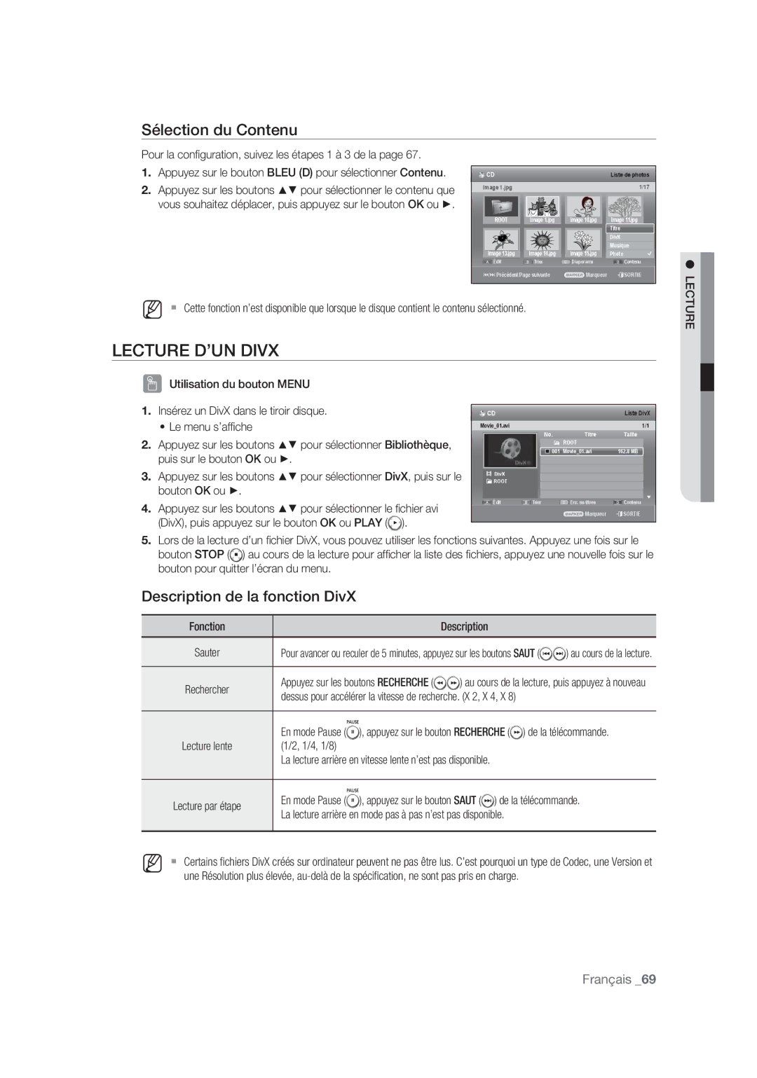 Samsung DVD-SH873/XEF, DVD-SH875/XEF, DVD-SH877/XEF manual Lecture D’UN Divx, Description de la fonction DivX, Rechercher 