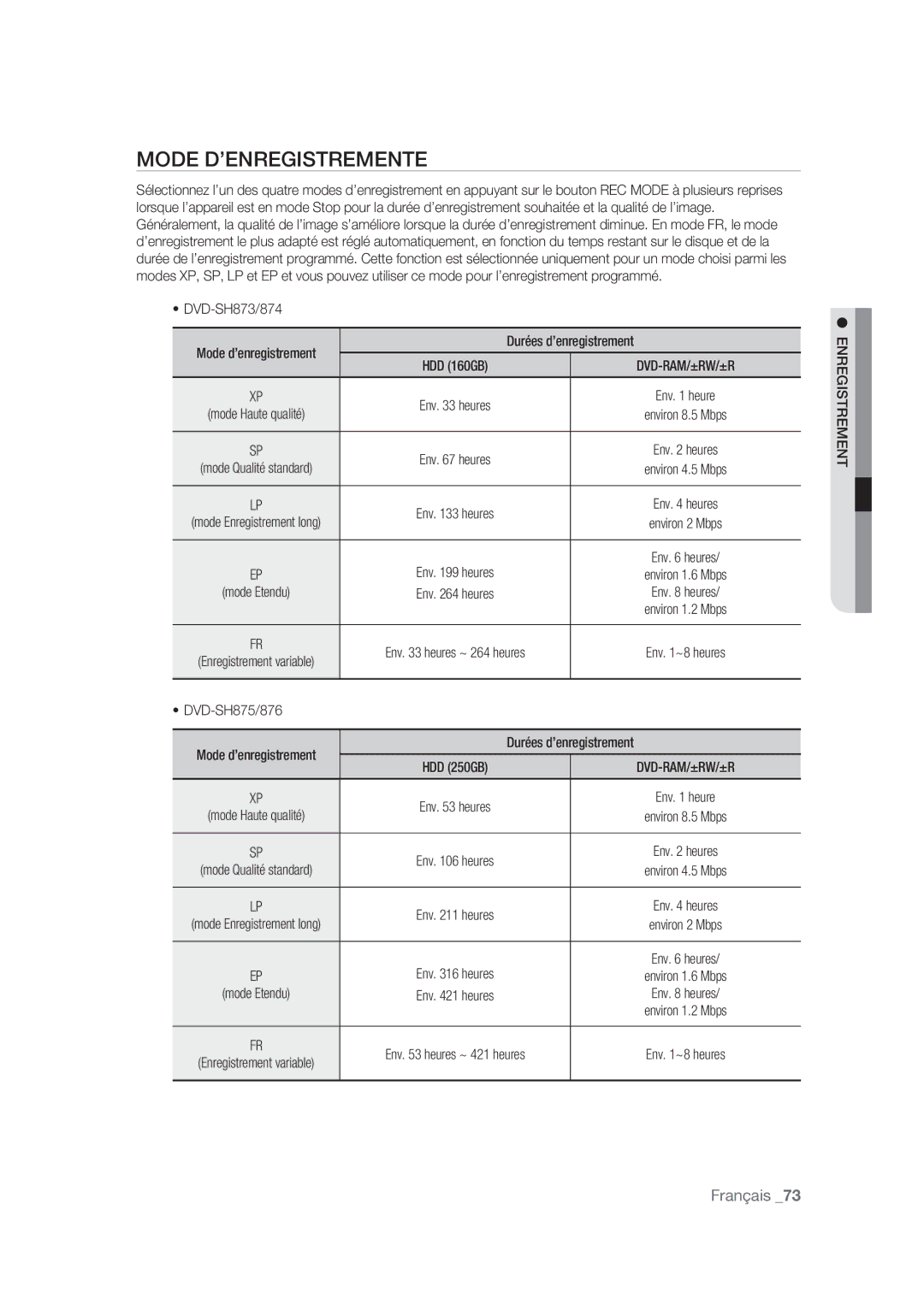 Samsung DVD-SH875/XEF, DVD-SH873/XEF, DVD-SH877/XEF manual Mode D’ENREGISTREMENTE, Mode d’enregistrement 