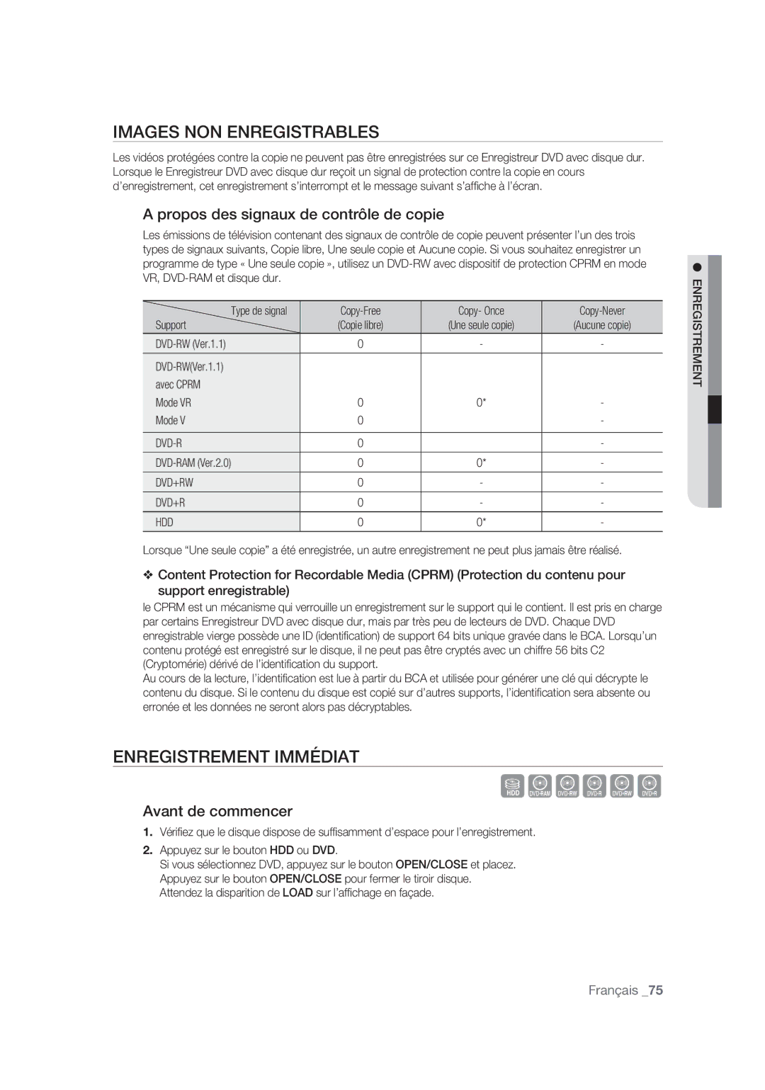 Samsung DVD-SH873/XEF manual Images NON Enregistrables, Enregistrement Immédiat, Propos des signaux de contrôle de copie 