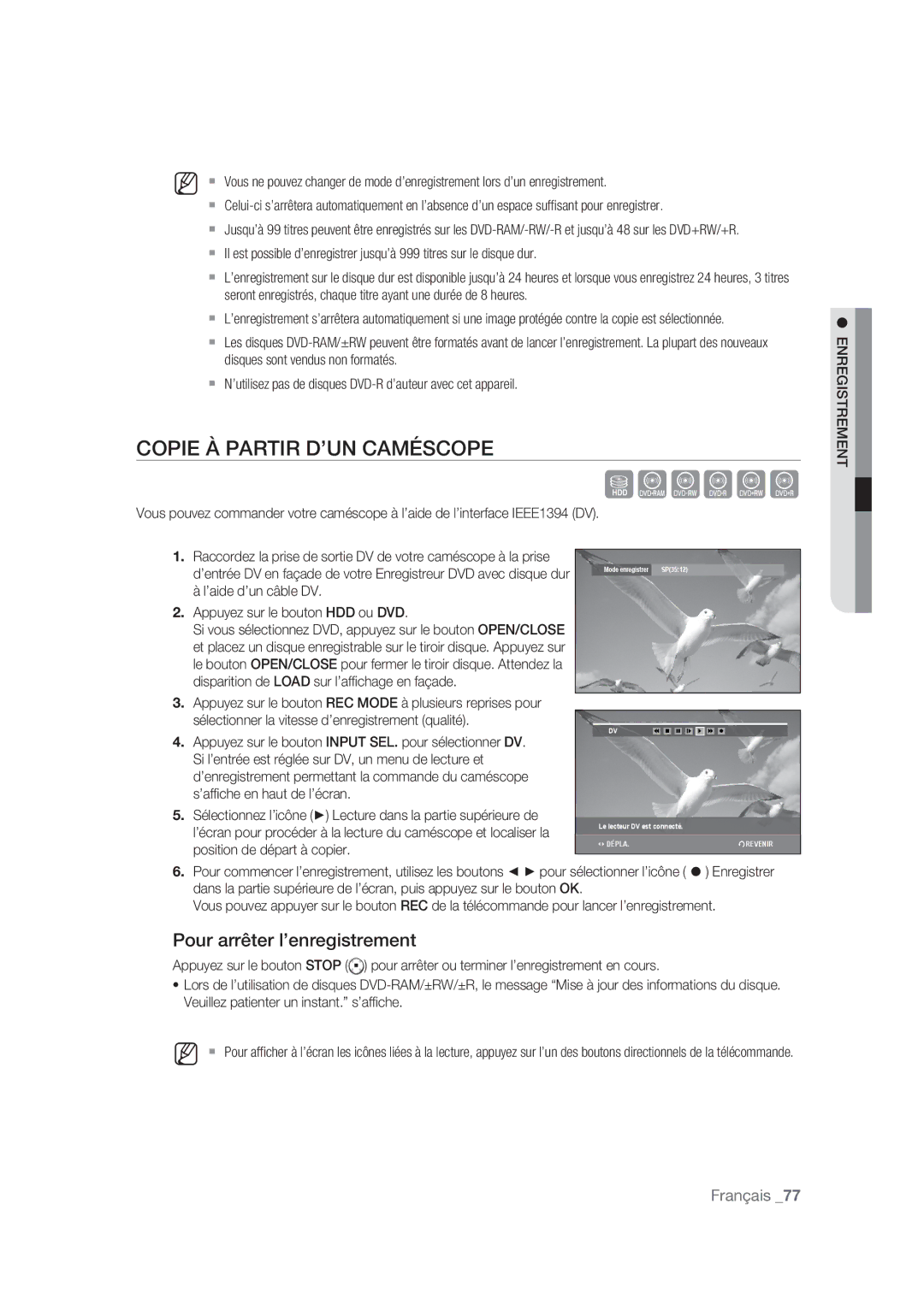 Samsung DVD-SH877/XEF, DVD-SH873/XEF Copie À Partir D’UN Caméscope, ’aide d’un câble DV Appuyez sur le bouton HDD ou DVD 