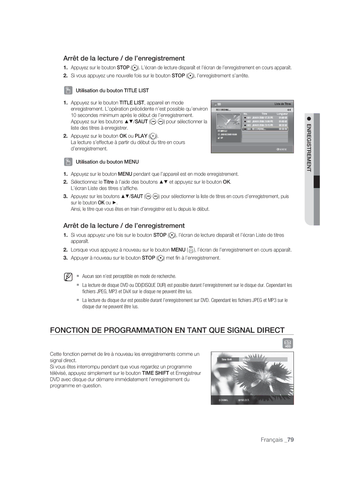 Samsung DVD-SH875/XEF manual Fonction DE Programmation EN Tant QUE Signal Direct, Arrêt de la lecture / de l’enregistrement 