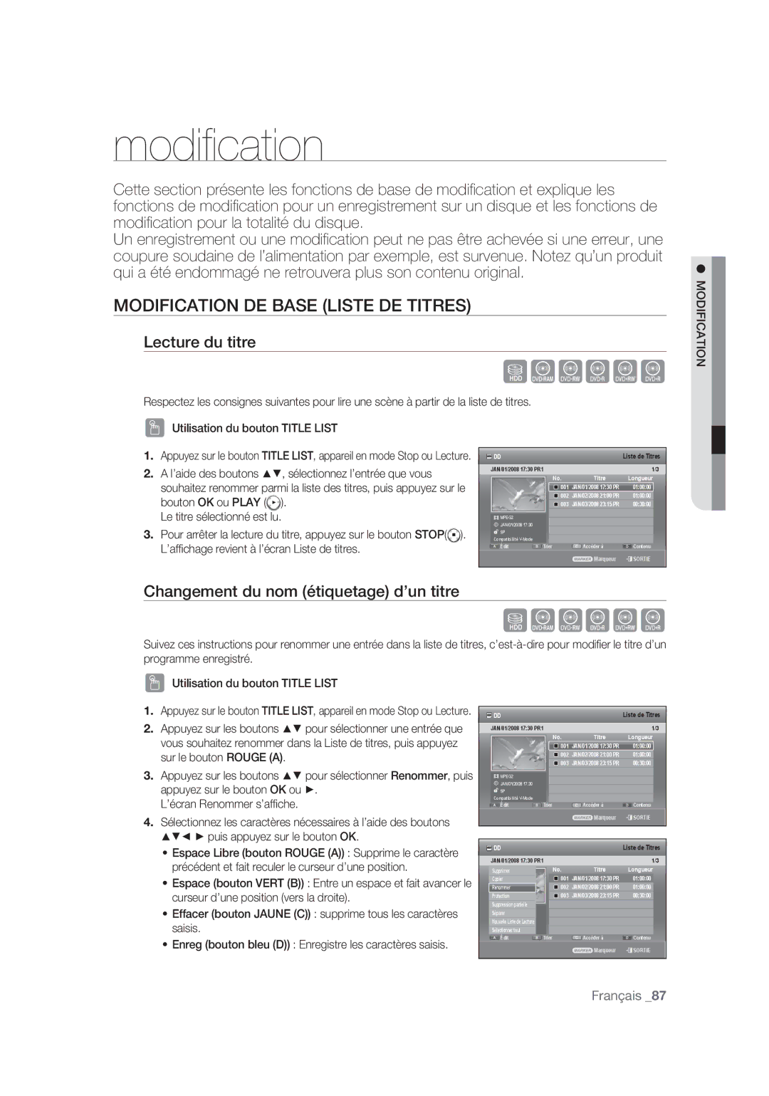 Samsung DVD-SH873/XEF Modification DE Base Liste DE Titres, Lecture du titre, Changement du nom étiquetage d’un titre 