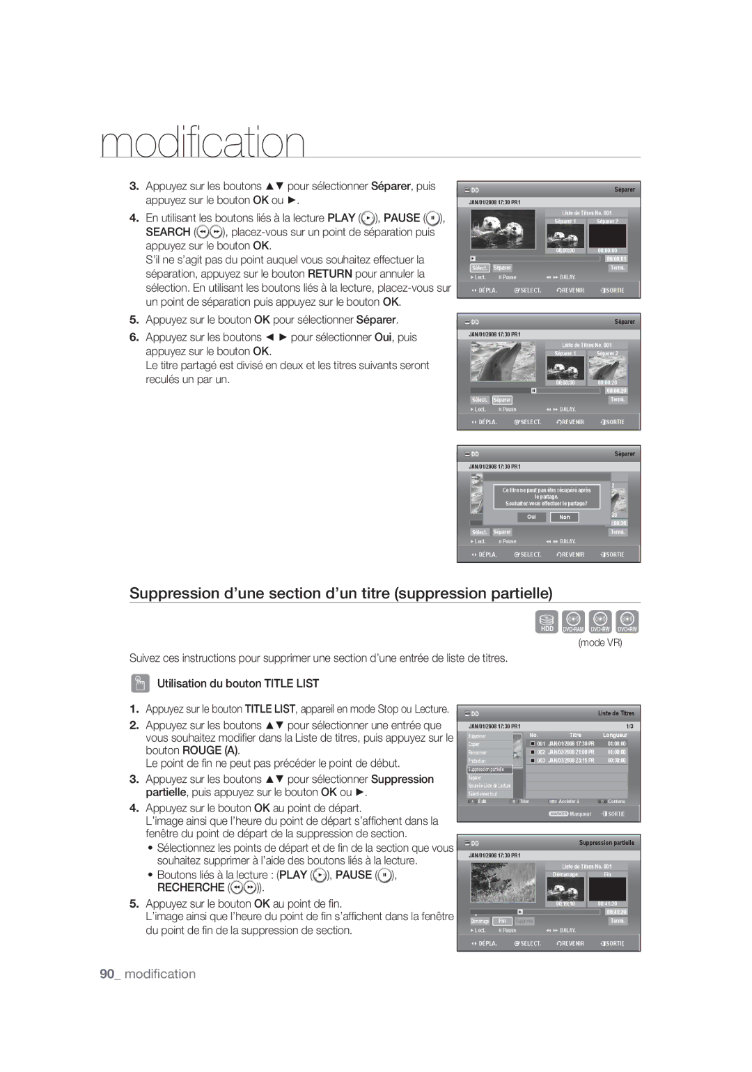 Samsung DVD-SH873/XEF, DVD-SH875/XEF, DVD-SH877/XEF manual Suppression d’une section d’un titre suppression partielle 