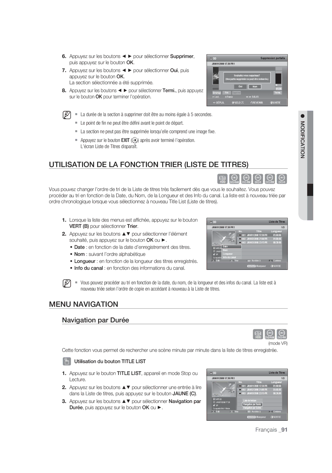 Samsung DVD-SH875/XEF manual Utilisation DE LA Fonction Trier Liste DE Titres, Menu Navigation, Navigation par Durée 