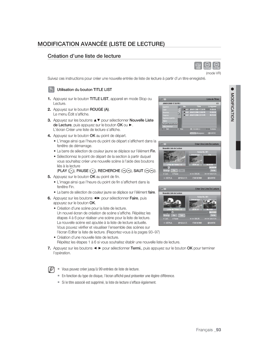 Samsung DVD-SH873/XEF, DVD-SH875/XEF, DVD-SH877/XEF Modification Avancée Liste DE Lecture, Création d’une liste de lecture 