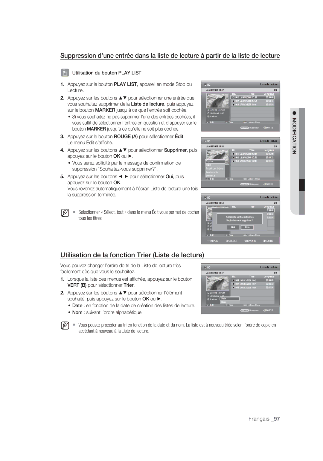 Samsung DVD-SH875/XEF, DVD-SH873/XEF Utilisation de la fonction Trier Liste de lecture, Nom suivant l’ordre alphabétique 