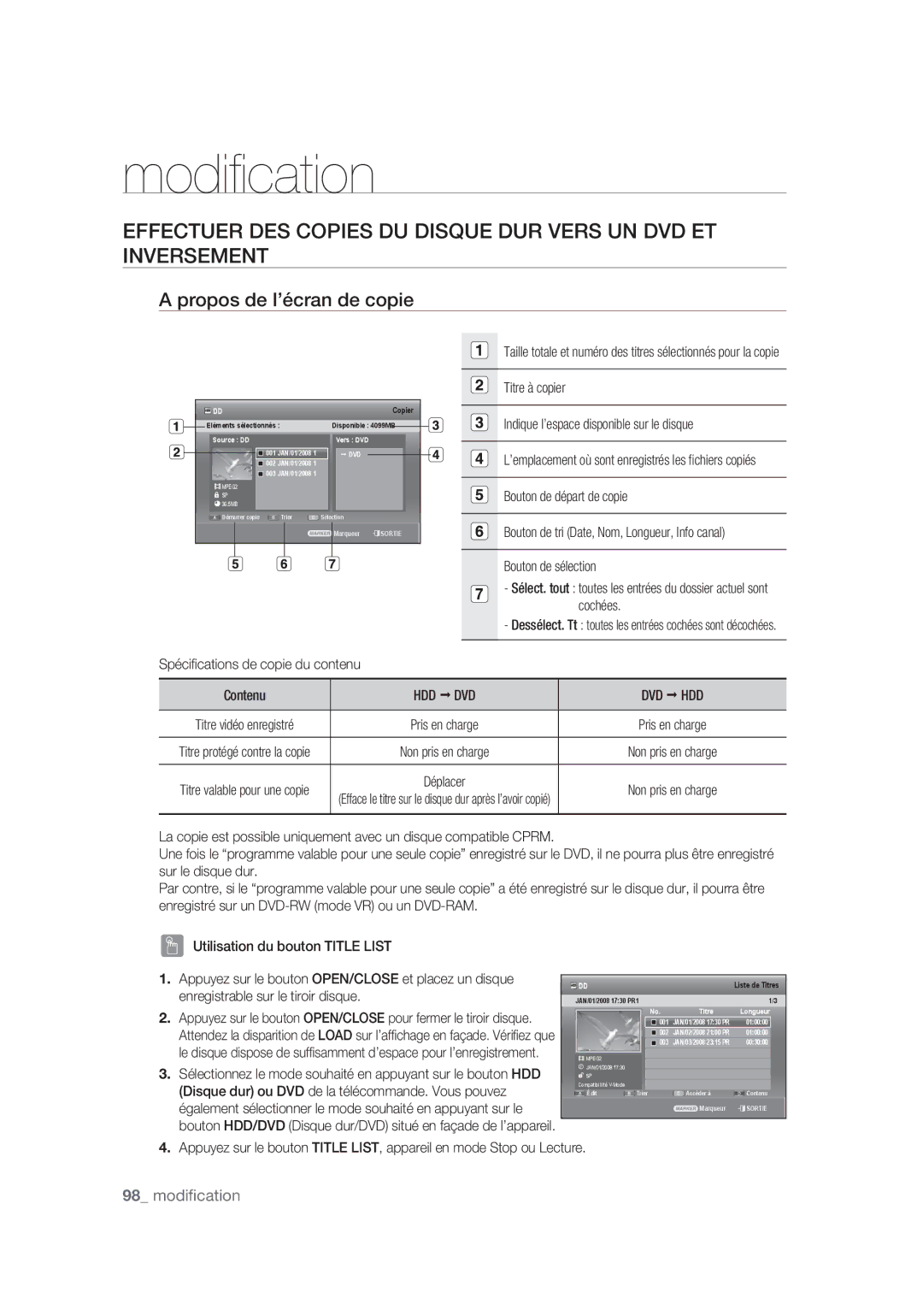 Samsung DVD-SH877/XEF, DVD-SH873/XEF, DVD-SH875/XEF manual Propos de l’écran de copie, Hdd Œ Dvd Dvd Œ Hdd 