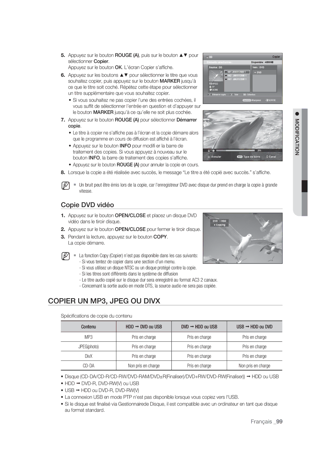 Samsung DVD-SH873/XEF, DVD-SH875/XEF, DVD-SH877/XEF manual Copier UN MP3, Jpeg OU Divx, Copie DVD vidéo 