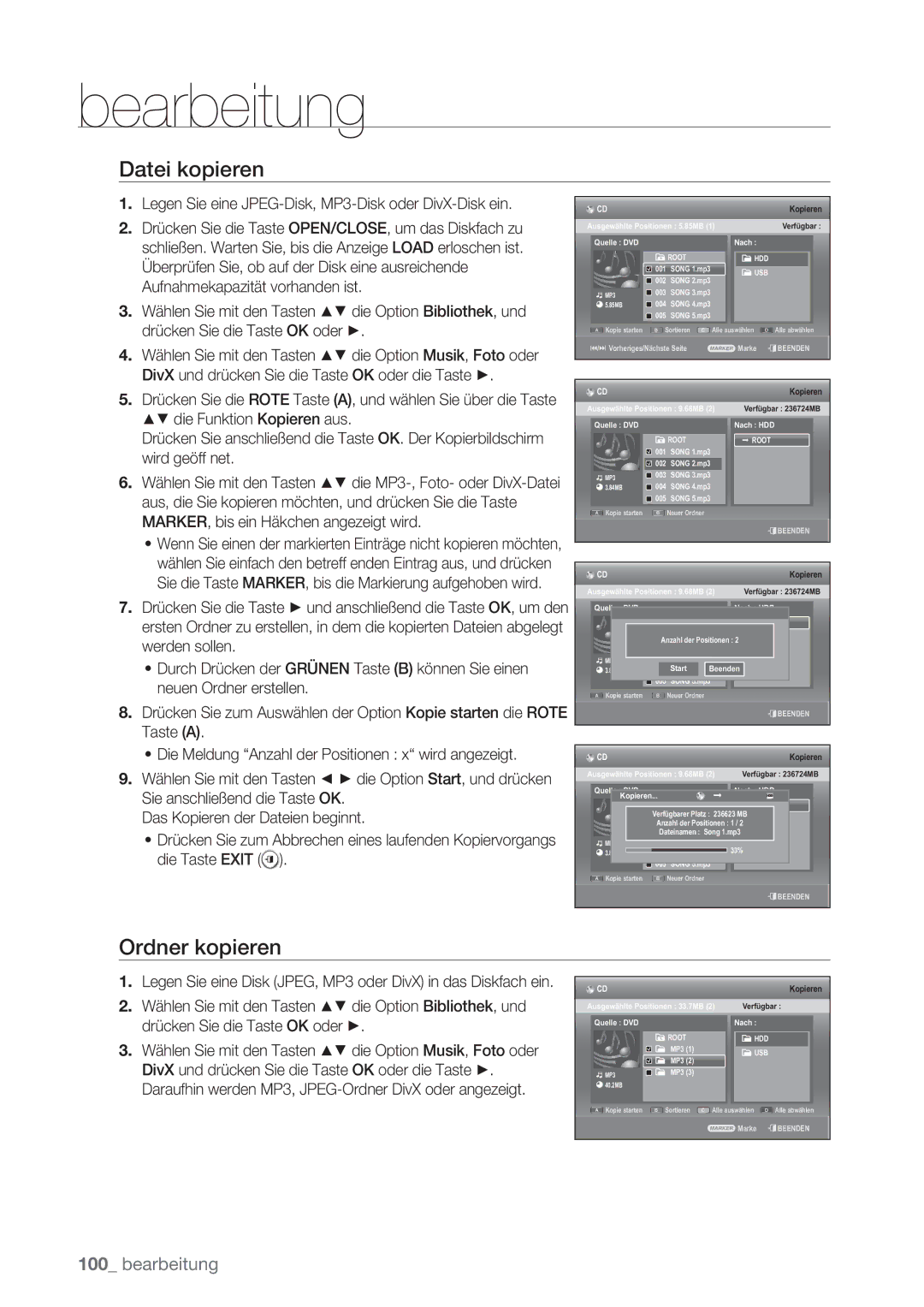 Samsung DVD-SH873/XEG manual Datei kopieren, Ordner kopieren, Legen Sie eine JPEG-Disk, MP3-Disk oder DivX-Disk ein 