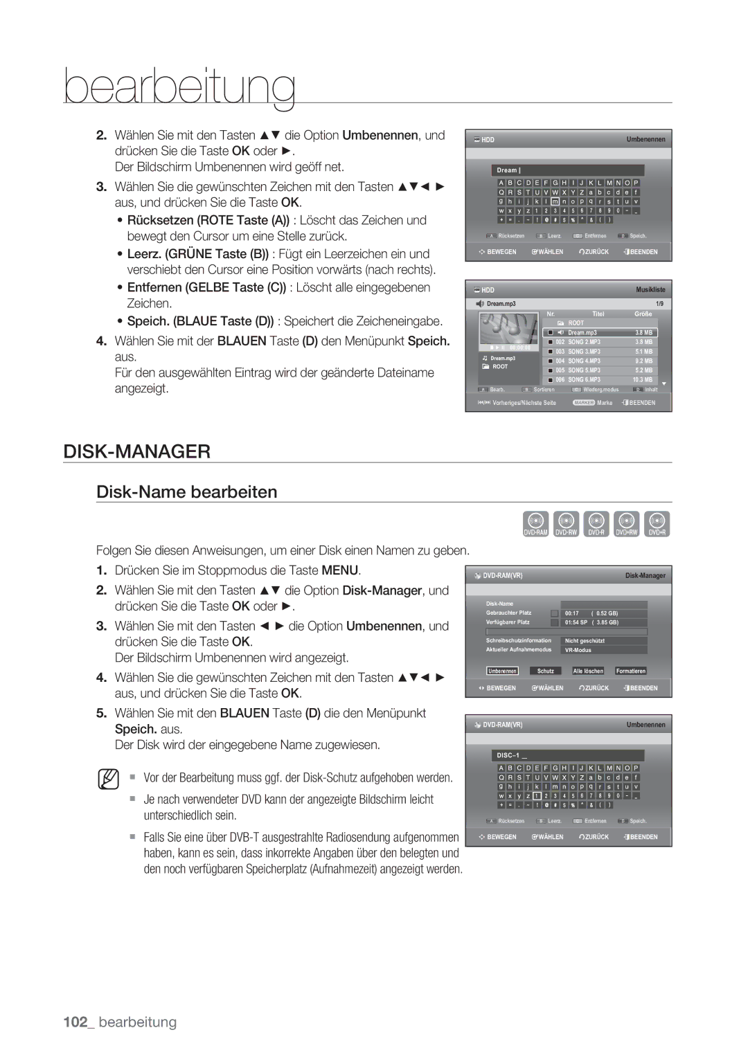 Samsung DVD-SH873/EDC, DVD-SH873/XEG Xcvkl, Disk-Manager, Disk-Name bearbeiten, Der Bildschirm Umbenennen wird angezeigt 