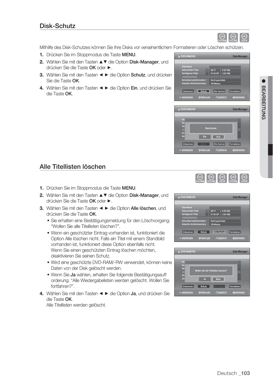 Samsung DVD-SH873/XEF, DVD-SH873/XEG, DVD-SH873/XET, DVD-SH873/EDC Xcv, Disk-Schutz, Alle Titellisten löschen, Die Taste OK 