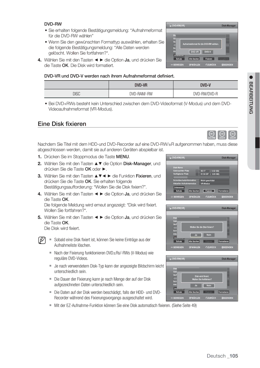 Samsung DVD-SH873/XET, DVD-SH873/XEG, DVD-SH873/EDC, DVD-SH873/XEF manual Cvl, Eine Disk ﬁxieren 