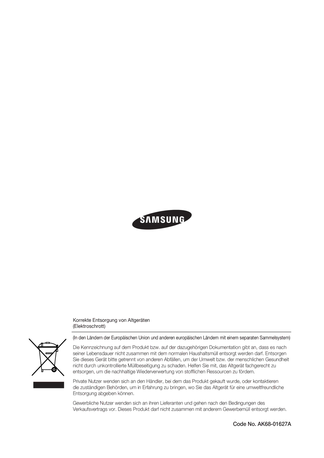 Samsung DVD-SH873/XEG, DVD-SH873/XET, DVD-SH873/EDC Code No. AK68-01627A, Korrekte Entsorgung von Altgeräten Elektroschrott 